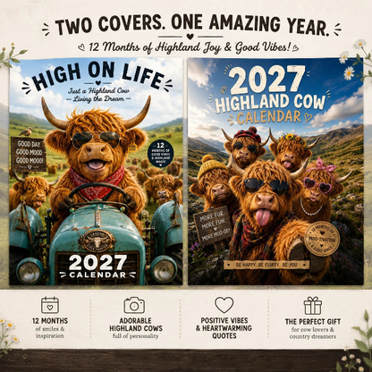 🐮✨ 2027 Grappige Hooglandrund Kalender – A4 Wandkalender met Unieke Illustraties