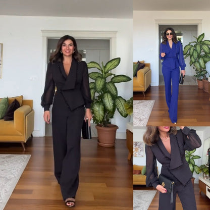 🌸 Elegante zwarte top met kralen & wijde broek🌸