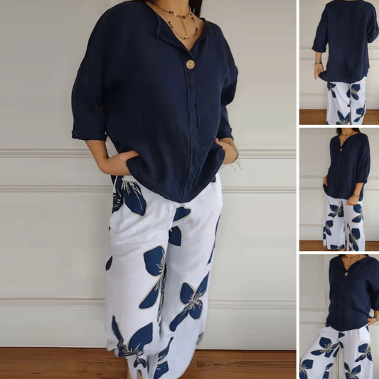 ⏳ Beperkte tijd 50% korting! 💥Vrouwen Crew Neck Tops ＆ Bedrukte Broek Set（Hoe meer je koopt, hoe hoger de korting）