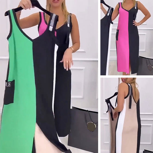 💐 Gebreide mouwloze jurk met V-hals en kleurblokken