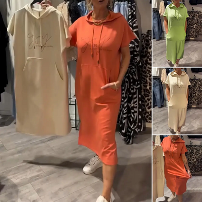 🔥Directe verkoop vanuit de fabriek🔥Effen damesjurk met korte mouwen en capuchon, lang