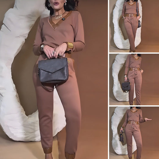 Comfortabele, stijlvolle top met V-hals en broek met trekkoord