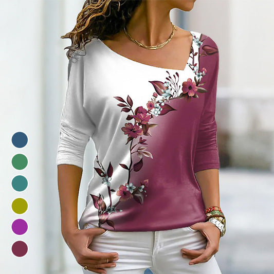 Vrouwen V-hals Bloemen Kleurblok Lange Mouwen T-shirt